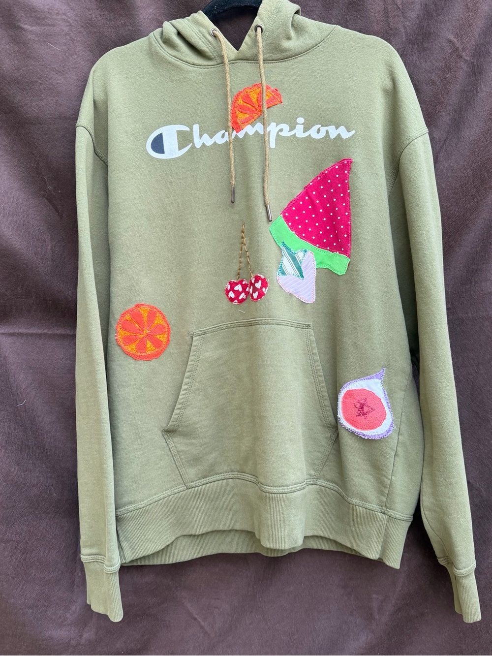 UpcycledChampion Olive Green Hoodie with White Logo and Colorful Fruit Appliqués